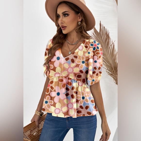 Apricot Boho Flower Print Puff Sleeve Peplum Top blouse V-Neck - Picture 2 of 13